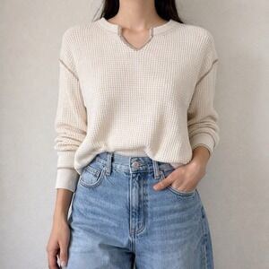 Madewell Waffle Split-Neck Crop Tee Womens M White Thermal Minimal Basic NC632